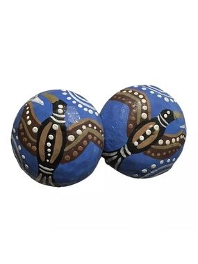 Vintage Southwestern Wood Earrings Studs Round Hand Painted Blue Brown Bird